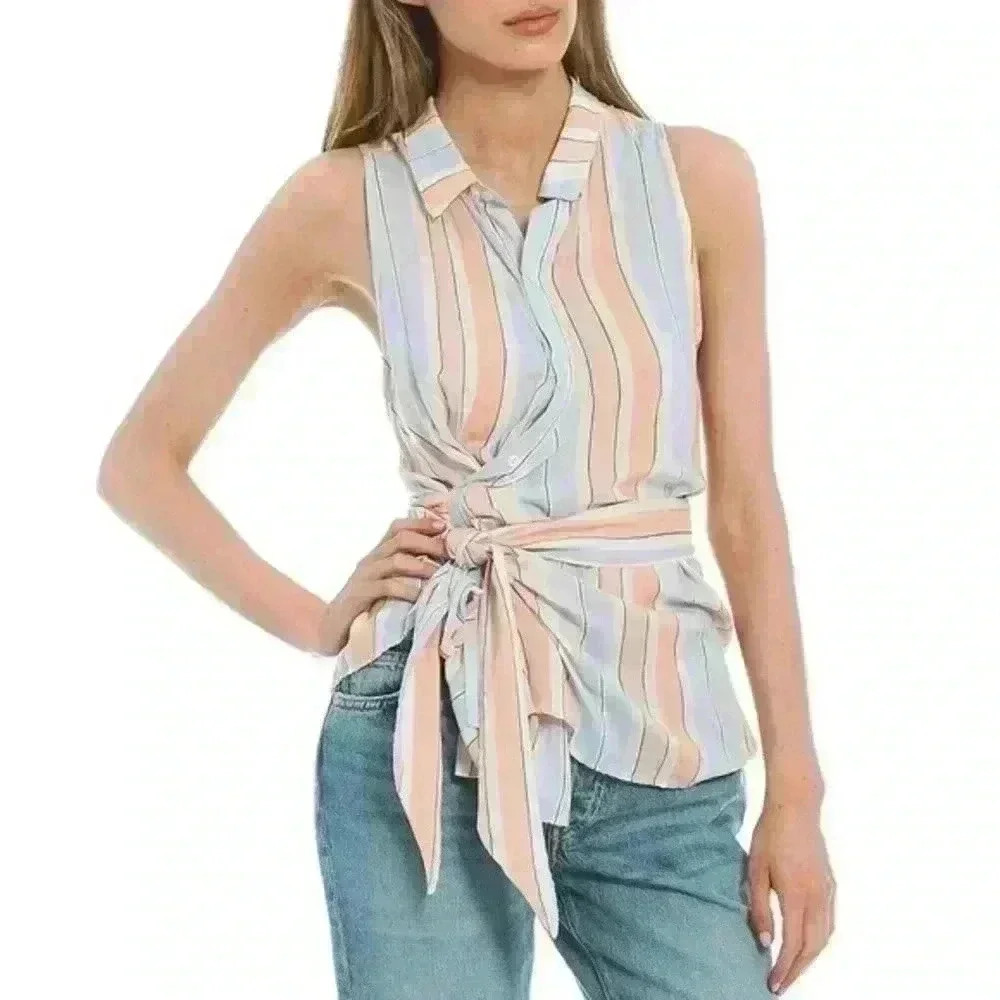 Free People Mackenzie Striped Sleeveless Wrap Button-Up Ivory Combo Top Size XS